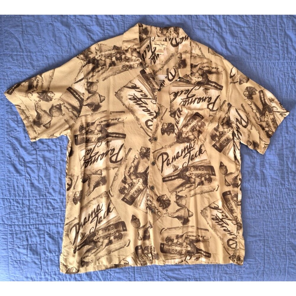 Panama Jack Hawaiian Shirt Rum Lounge Camp S/S Graphic Brown Size XL 100% Rayon